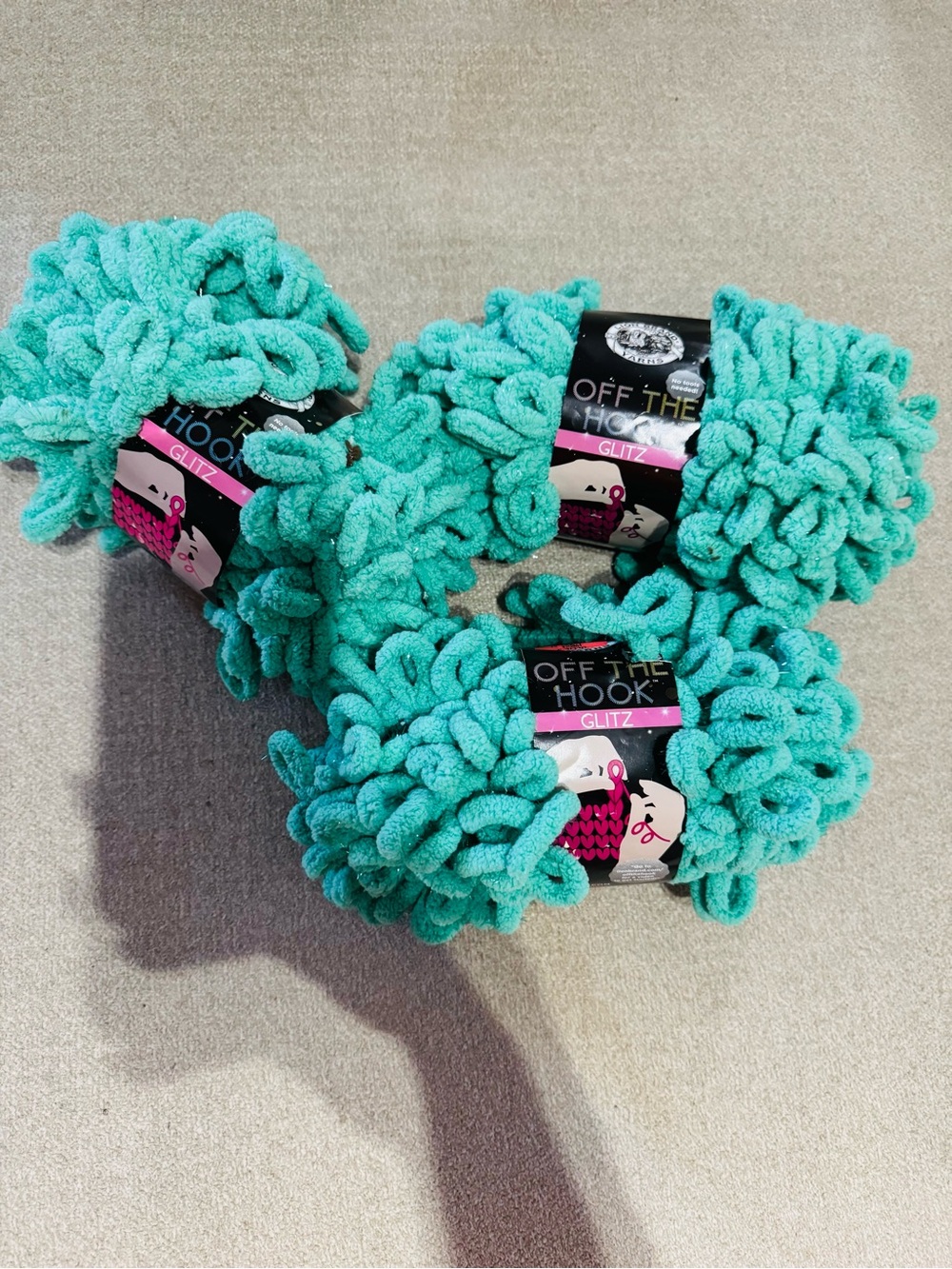 NWT Lion Brand Off The Hook Glitz Loop Yarn Fresh Mint Green Sparkle Lot of 3